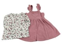 2Set - Starorůžové žebrované plyšové šaty se srdíčkovou kapsou a volánky + bílé puntíkaté triko s kytičkami Tu