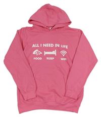 Růžová mikina s nápisy a obrázky a kapsou a kapucí AWDis