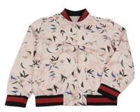 Světlerůžovo-černo-červený šusťákový jarní bomber s květy SHEIN