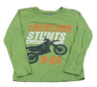 Zelené triko s motorkou a nápisy a číslem dopodopo