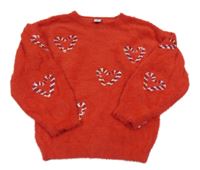 Červený chlupatý svetr s lízátky z flitrů Tu