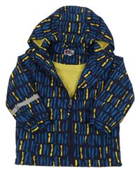 Tmavomodro-modro-žlutá vzorovaná šusťáková jarní bunda s odepínací kapucí 