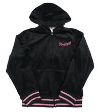 Černá plyšová propínací mikina s logem a pruhy a nápisy z kamínků a kapucí Primark