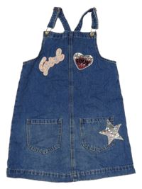 Modré riflové šaty s nápisem a srdíčkem a hvězdičkami s flitry George