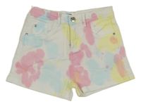 Bílo-růžovo-žluto-světlemodré batikované riflové kraťasy sinsay