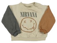 Smetanovo-hnědo-tmavošedá oversize mikina se smajlíkem a nápisem - NIRVANA