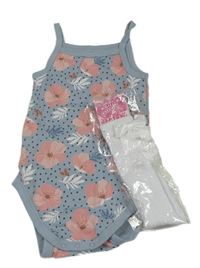 2set - Modré puntíkaté body s květy + bílé podkolenky s mašlí