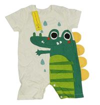 Nové - Smetanovo-zelený bavlněný kraťasový overal s krokodýlem