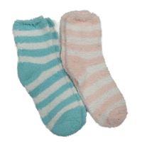 2x chlupaté pruhované ponožky - růžovo-bílé + tyrkysovo-bílé