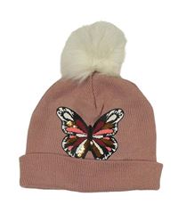 Starorůžová čepice s motýlem s flitry a bambulí Page One Young