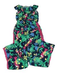 Tmavomodrý lehký kalhotový overal s listy a tukany Pocopiano