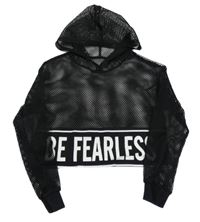 Černá síťovaná crop mikina s nápisem a kapucí Shein