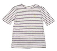 Bílo-levandulové pruhované žebrované crop tričko s výšivkou
