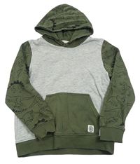 Šedo-khaki mikina s dinosaury a kapucí zn. H&M