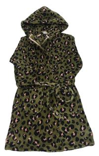 Khaki-černo-růžový leopardí chlupatý župan s kapucí M&S
