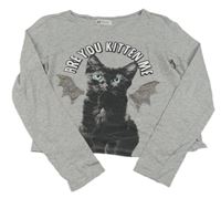 Šedé melírované crop triko s kočkou H&M