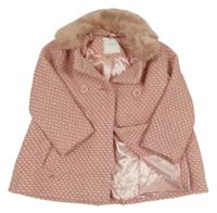 Růžovo-bílý vzorovaný vlněný podšitý kabát s kožešinovým límcem Next