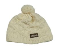 Smetanová pletená vlněná čepice s nášivkou a bambulí 