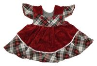 Rubínové sametové šaty s kostkovaným lemem 