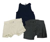 3 set - tmavomodrý nátělník + 2x boxerky - smetanové + tmavošedé 