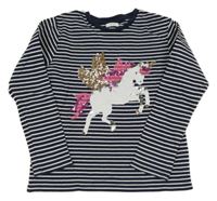 Tmavomodro-bílé pruhované triko s jednorožcem z flitrů Next