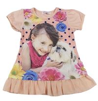 Růžová bavlněná šatová tunika s dívkou a psem