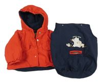 2v1- Červeno-tmavomodrá šusťáková zimní bunda/fusak se zvířátky a kapucí