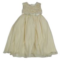 Smetanové slavnostní šaty s 3D květy a mašlí 