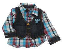 Světlemodro-bílo-vínová kostkovaná košile s našitou vestou s nápisem 