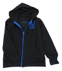 Černo-modrá propínací mikina s písmenem a kapucí 