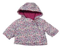 Bílo-růžovo-petrolejová květovaná manšestrová zateplená bunda s kapucí Mothercare