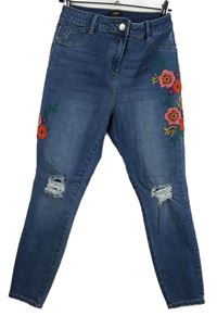 Dámské modré slim rifle s květy a dírami Denim 
