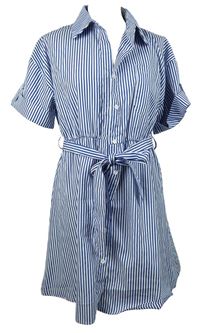 Dámské modro-bílé pruhované košilové šaty s páskem Shein 