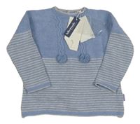 Nové - Modro-šedý pruhovaný svetr s bambulkami 