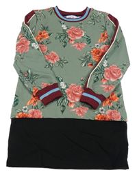 Khaki-černé květinové teplákové šaty 