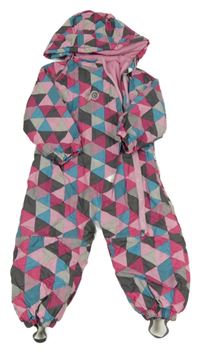 Modro-růžovo-šedá vzorovaná šusťáková zimní kombinéza s kapucí 