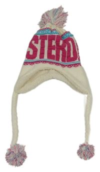 Bílá čepice s nápisem  třásněmi a bambulí 