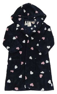 Tmavomodrý chlupatý župan se srdíčky a kapucí 
