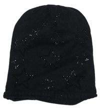 Černá pletená čepice s hvězdičkami z kamínků