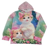 Růžovo-zeleno-modrá mikina s kočkami a kapucí