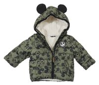 Khaki melírovaná šusťáková zateplená bunda s Mickeym a kapucí Disney