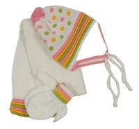 Nové - 3set - Bílá pletená šála s proužky + čepice + rukavice 