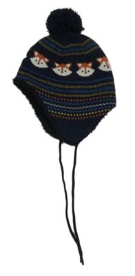 Tmavomodrá pletená zateplená čepice s liškami Smile