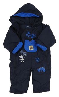 Tmavomodrá šusťáková zimní kombinéza s medvídky a kapucí 