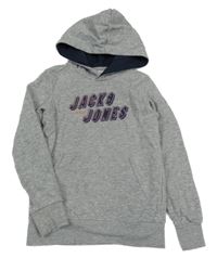 Šedá melírovaná mikina s logem a kapucí Jack & Jones