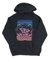 Černošedá mikina s motýlky a planetami a nápisem a kapucí New Look