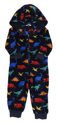 Tmavomodrá plyšová kombinéza s barevnými dinosaury a kapucí M&S