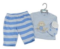 2Set - Světlemodré triko s opičkou a hvězdičkami + modro/světlemodré pruhované tepláky