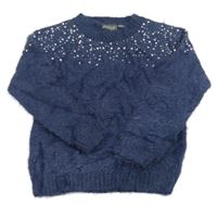 Tmavomodrý chlupatý svetr s flitry alive