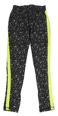 Tmavošedo-šedo-černé vzorované sportovní legíny s neonově zeleným pruhem zn. Y.F.K.